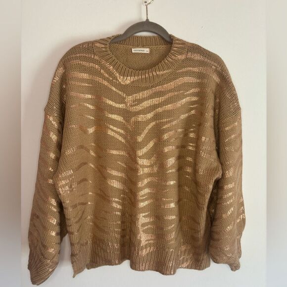 Andthewhy EUC beige/rose gold metallic zebra print balloon sleeve sweater sz S/M - Picture 1 of 5